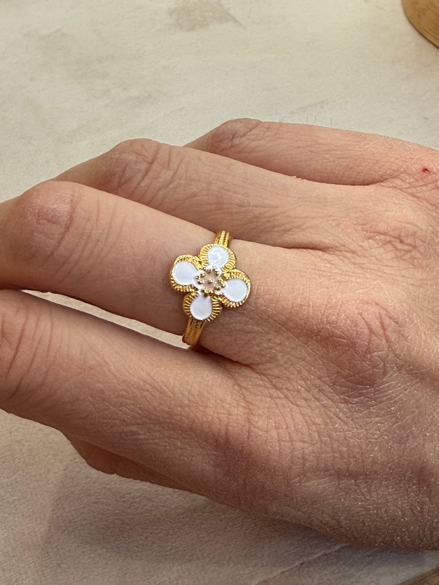 White Clover Enamel Gold Ring
