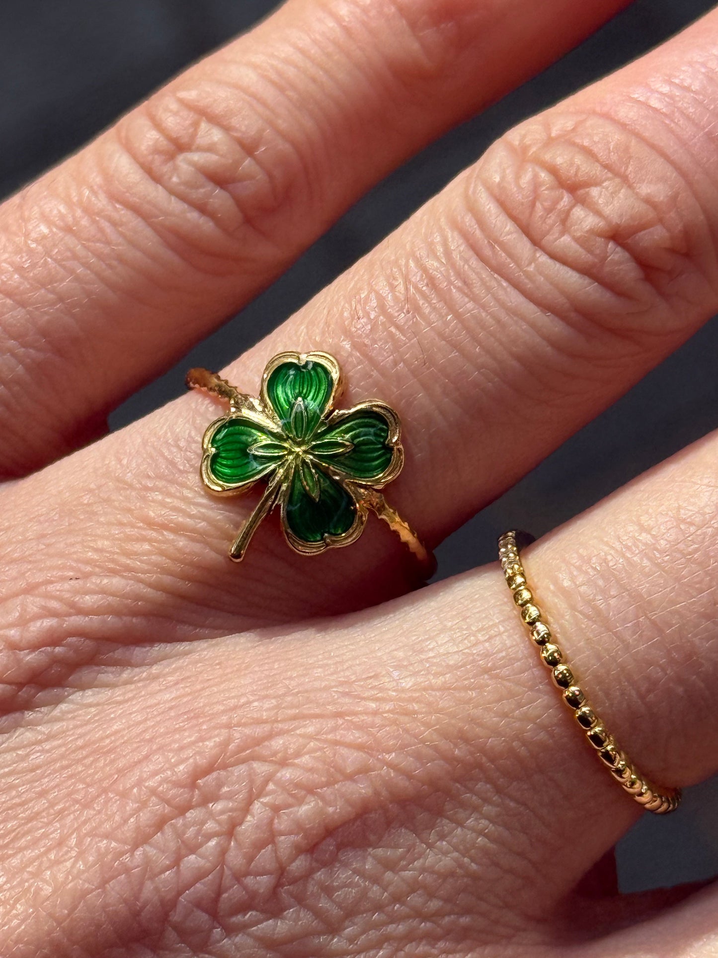 Green Clover Enamel Gold Ring (4 Leaves)