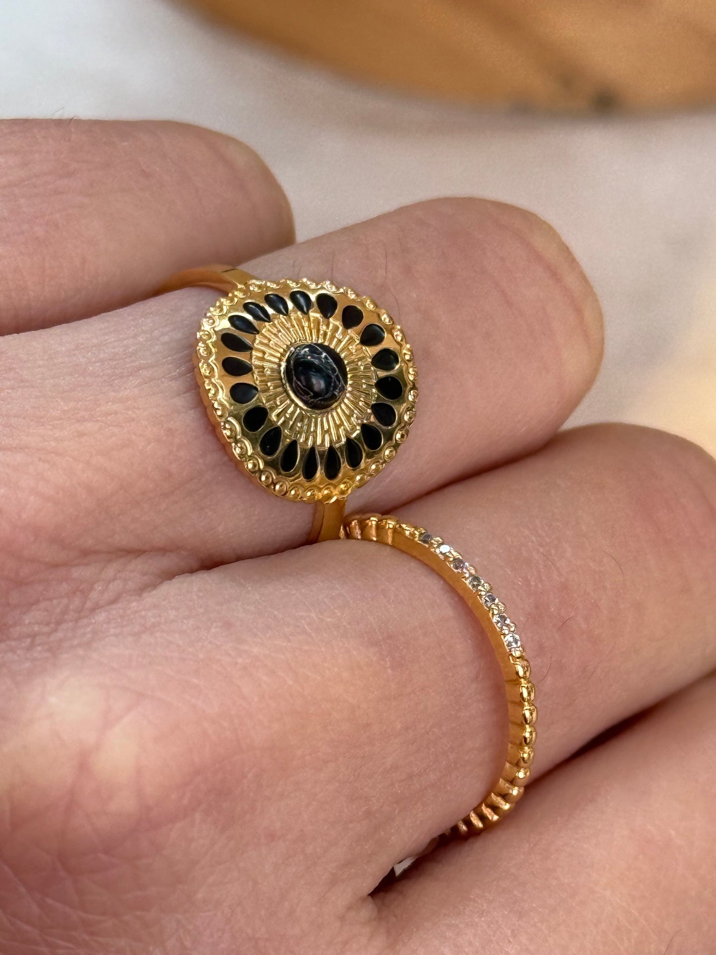 Black Sunburst Gold Ring