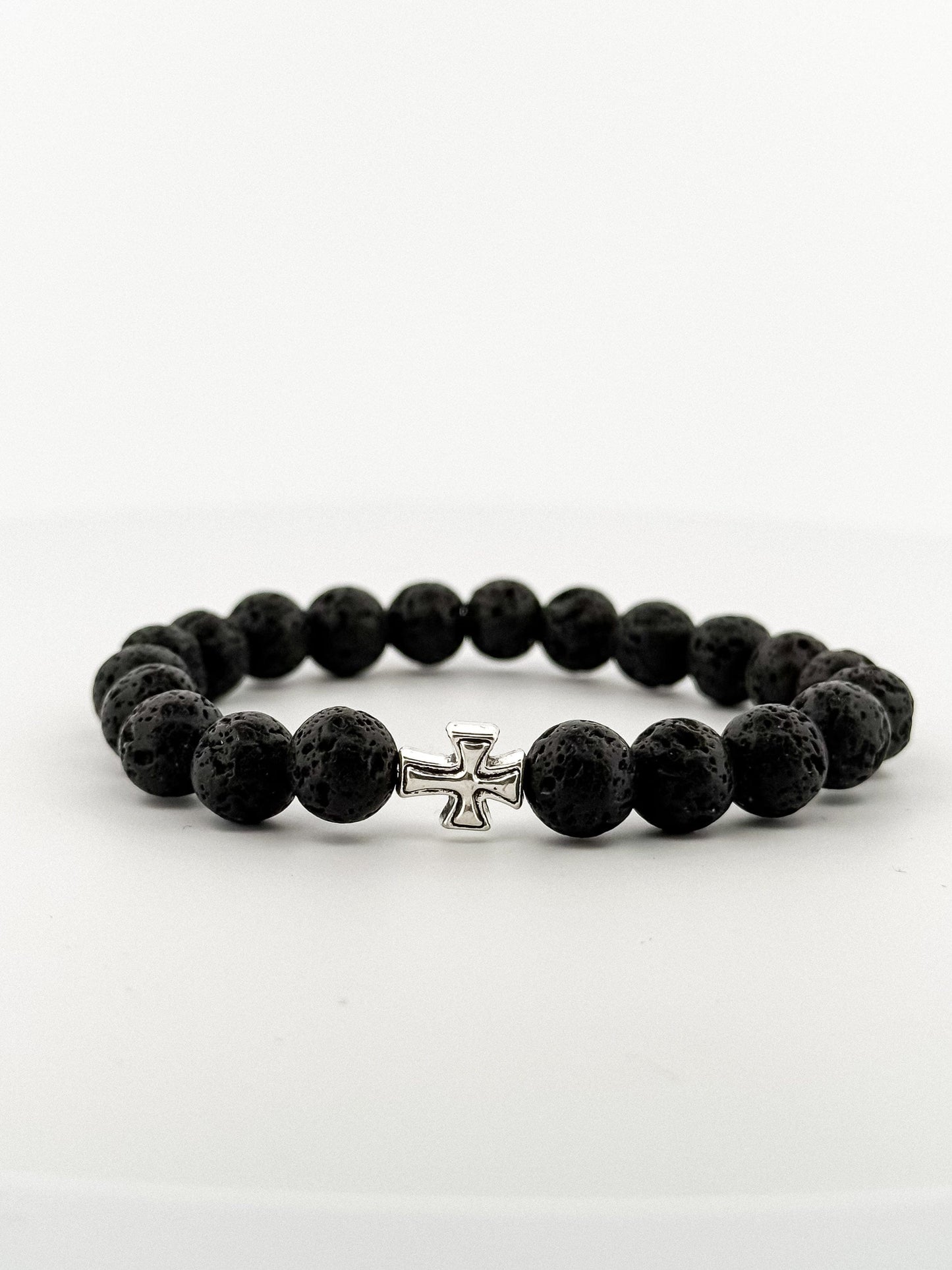 Lava Stone Bracelet Silver Cross (8 mm)
