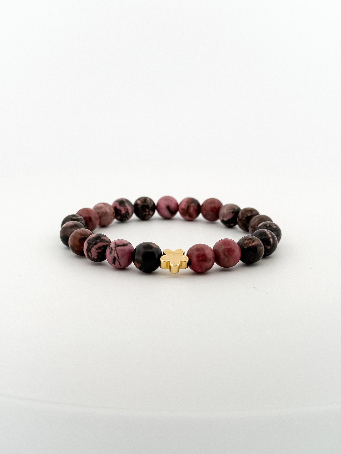 Dark Rhodonite Bracelet Gold 6mm Gold Hippy Flower