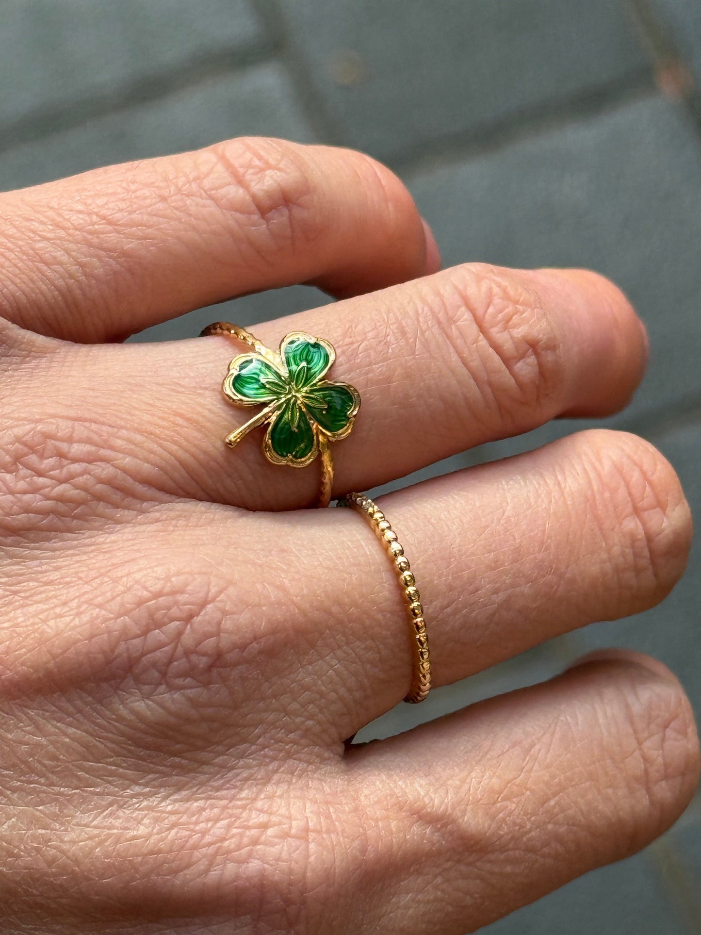 Green Clover Enamel Gold Ring (4 Leaves)
