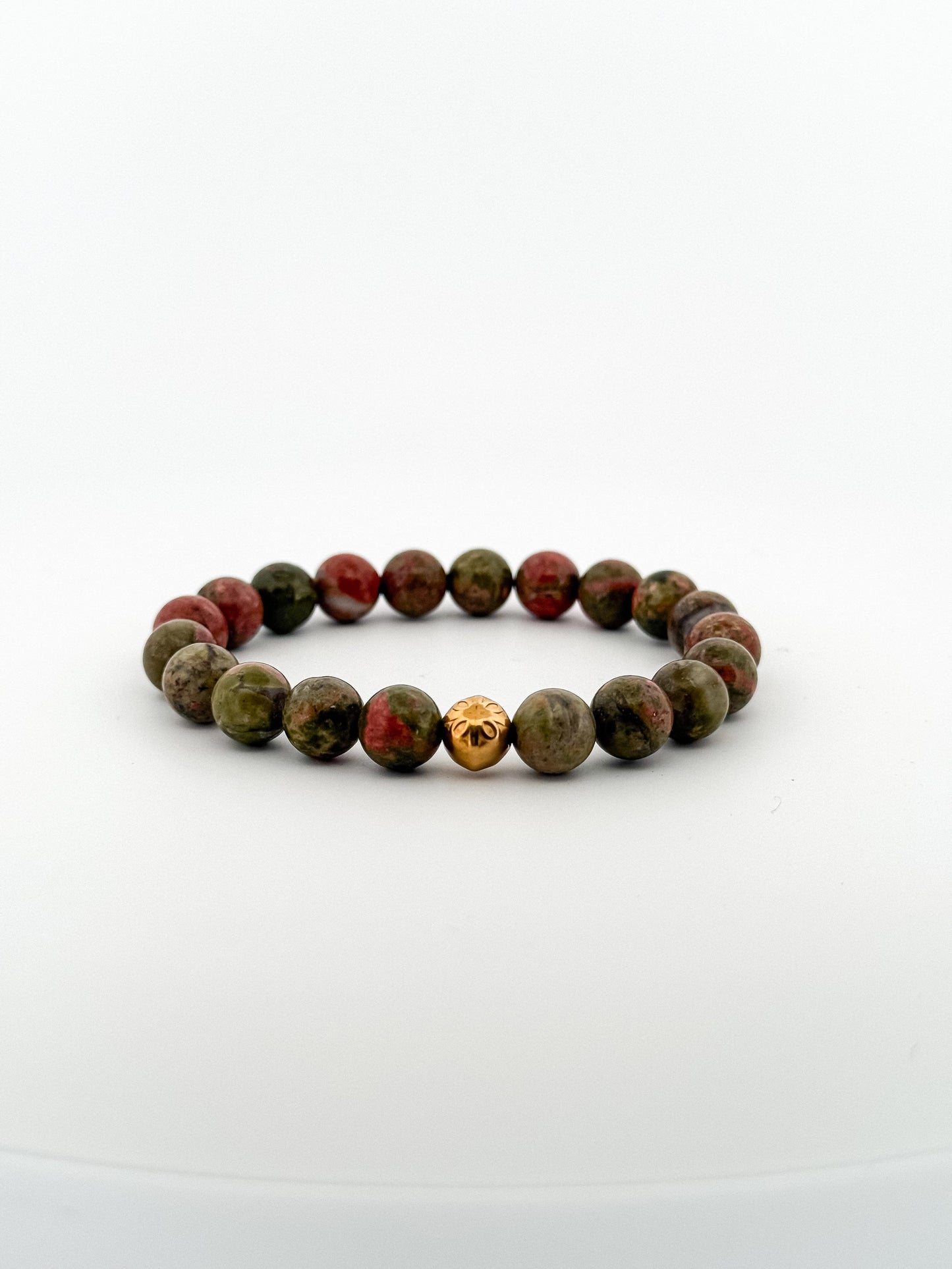 Unakite Bracelet Gold Bead engraved with Flower 8mm