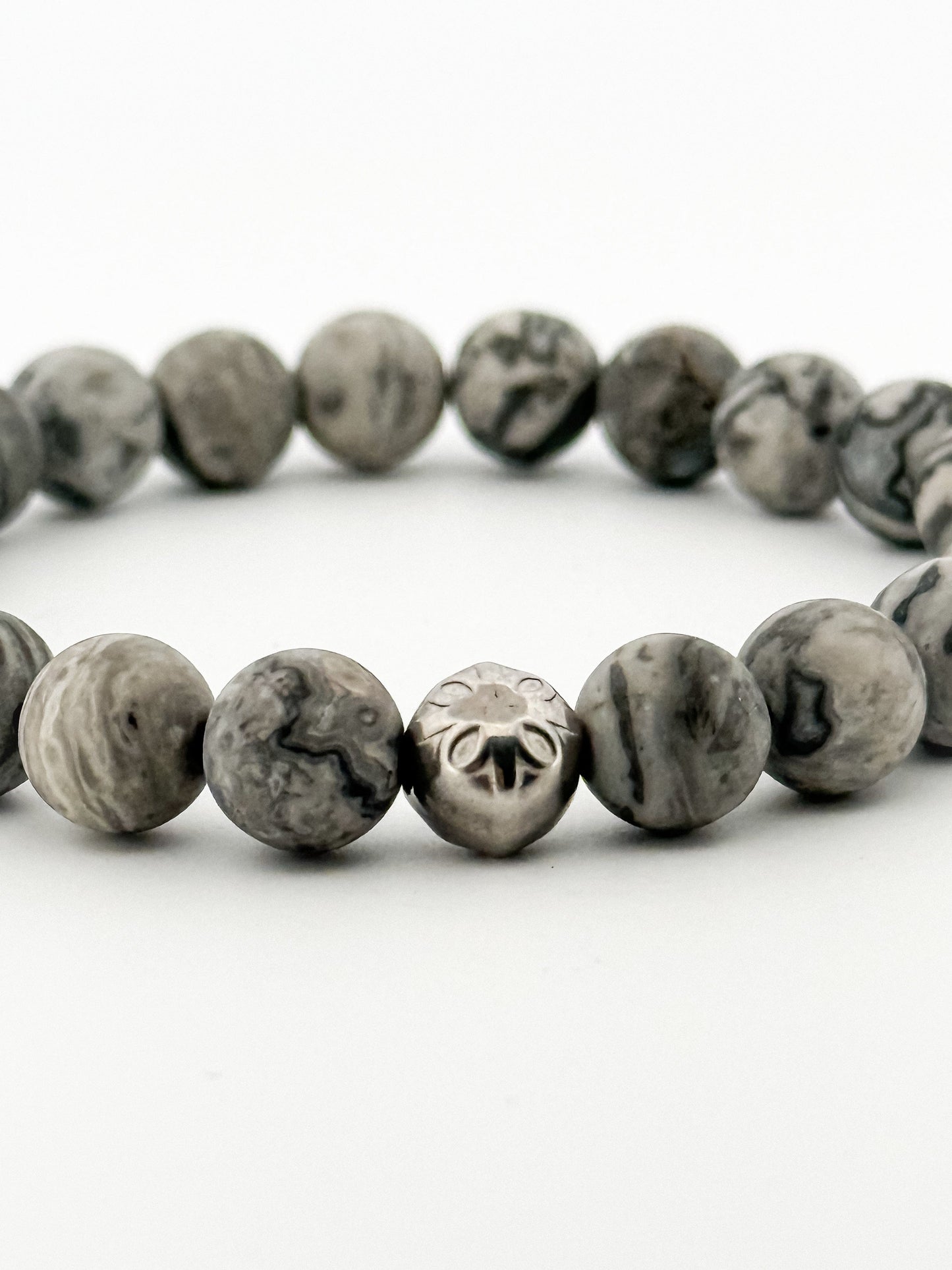 Map stone Bracelet 8mm Silver Coin engraved with flower