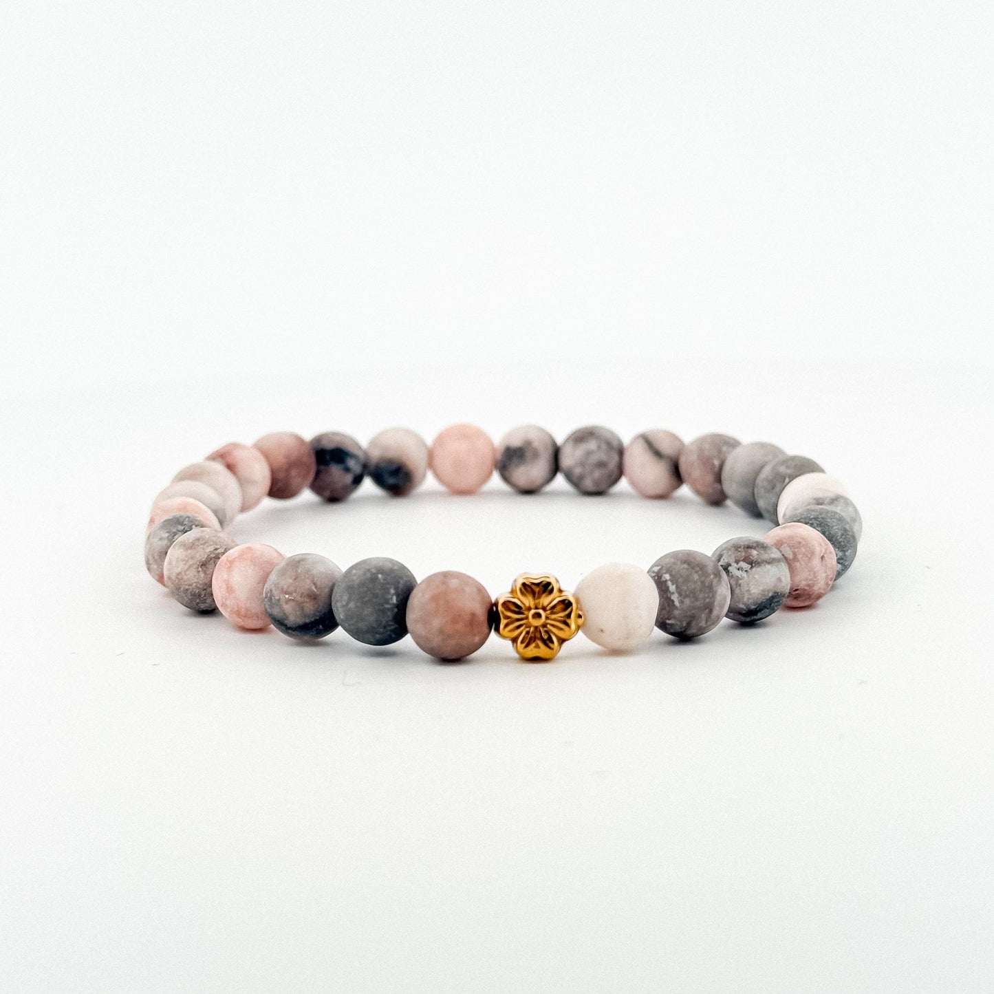 Pink Zebra Jasper Bracelet Gold Clover flower 6mm