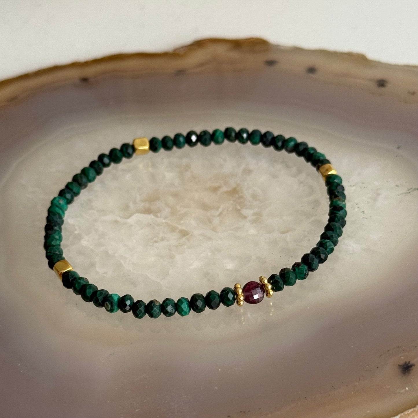Malachite Bracelet and Garnet Stone (Gold Vermeil)