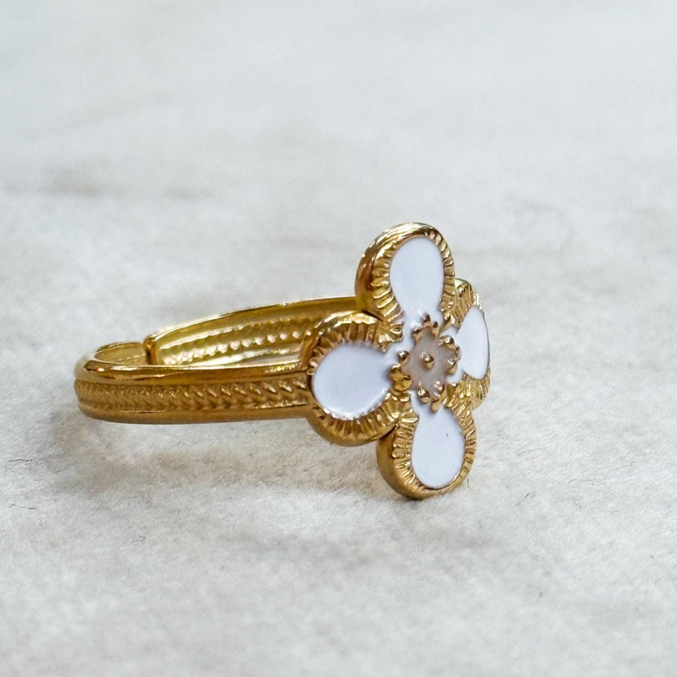 White Clover Enamel Gold Ring