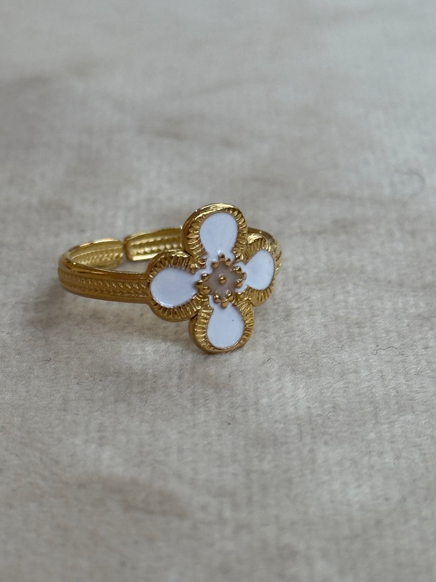 White Clover Enamel Gold Ring