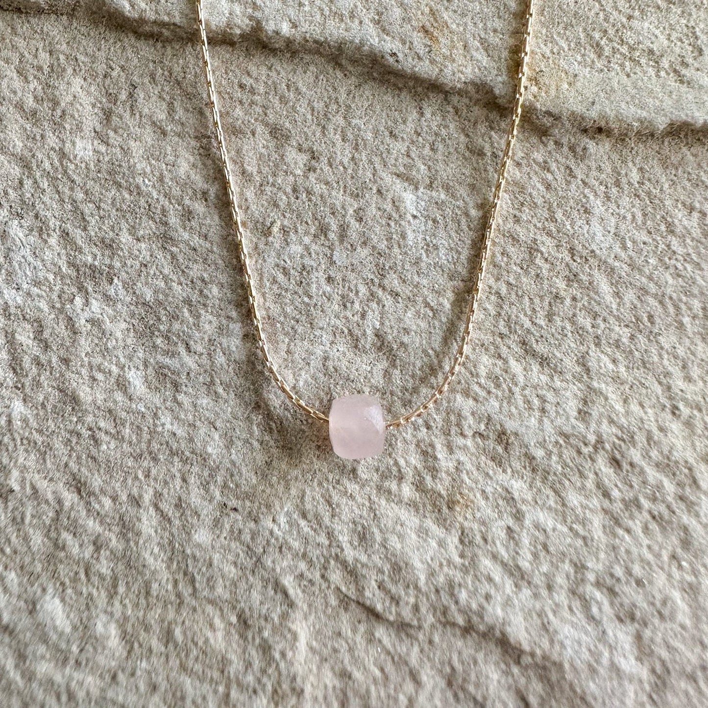 Rose Quartz Gold Necklace (June Birthstone) <br> Minimalist Square