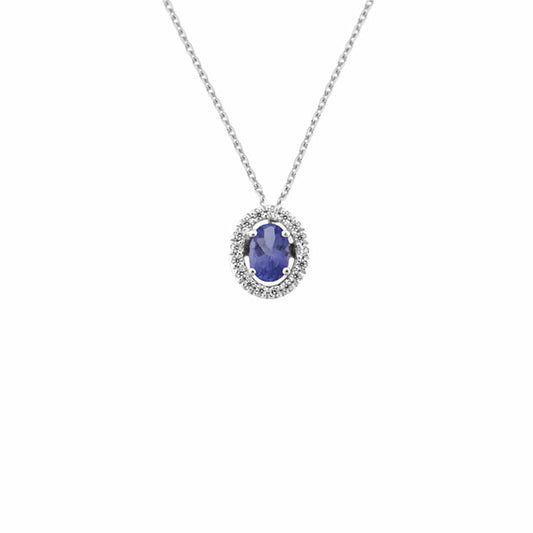 Tanzanite Necklace with Halo of Diamonds (18k White Gold)
