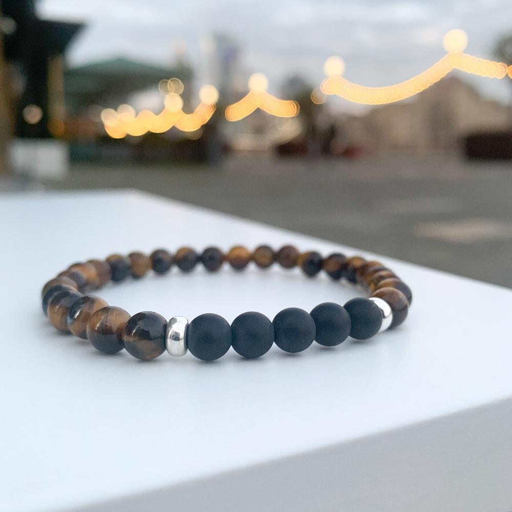 Tiger Eye Bracelet Black Onyx with Silver Disks 6mm