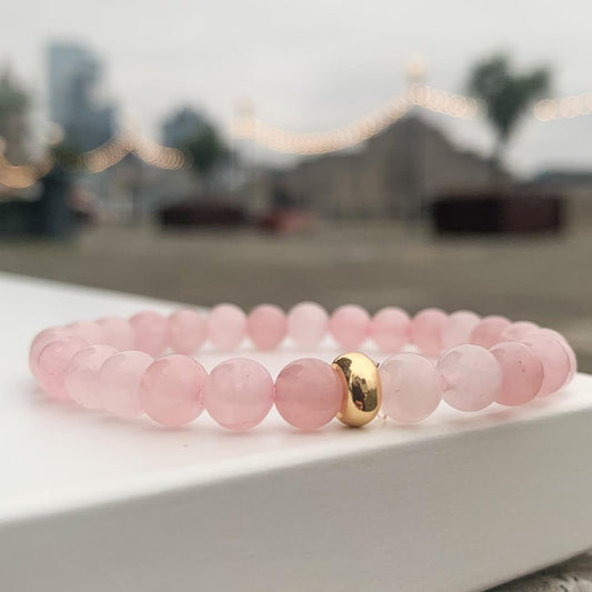 Rose quartz bracelet and gold disk plated