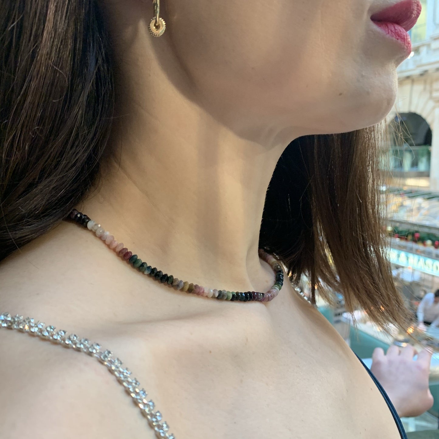 Watermelon tourmaline Necklace with Gold Disks