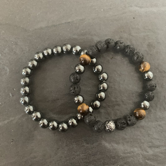 Set : Hematite bracelet, Lava stone and Tiger eye bracelet