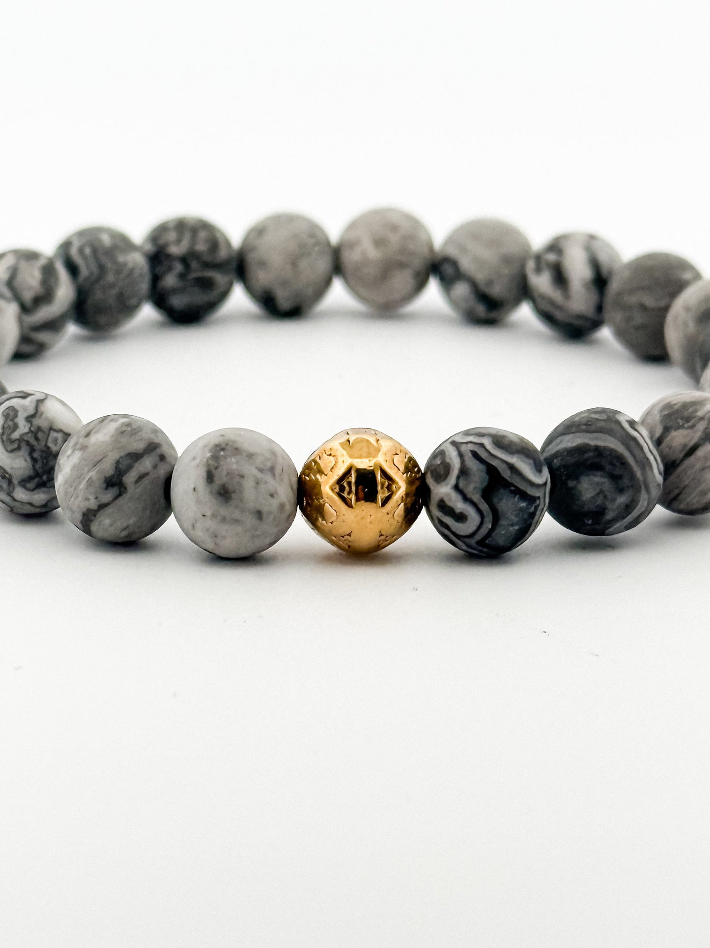 Map stone Bracelet Gold 8mm Gold Bead engraved with flower