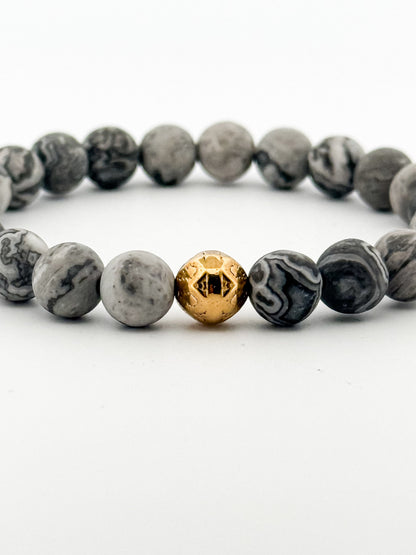 Map stone Bracelet Gold 8mm Gold Bead engraved with flower