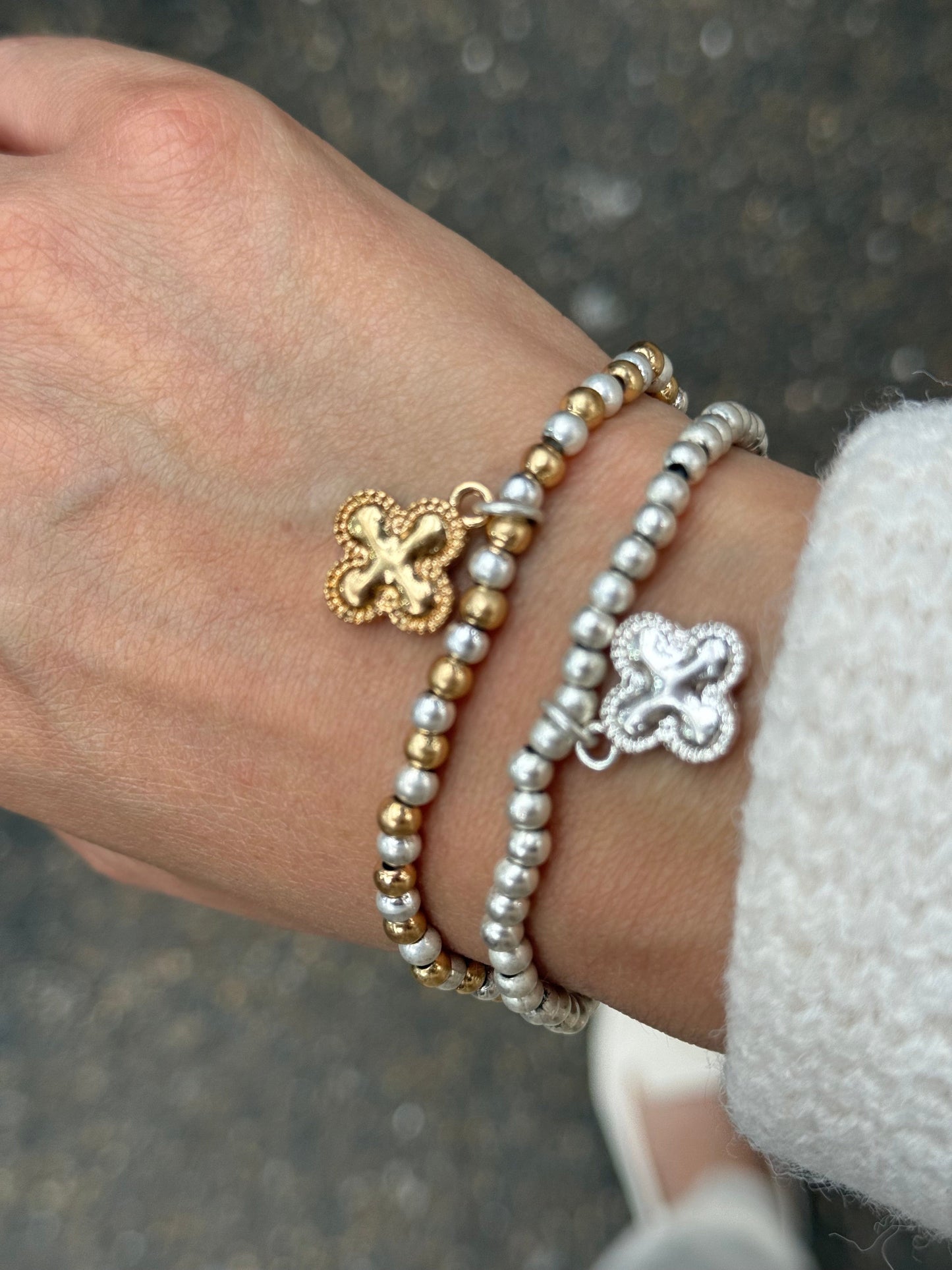 Silver Beads Bracelet - Clover Charm