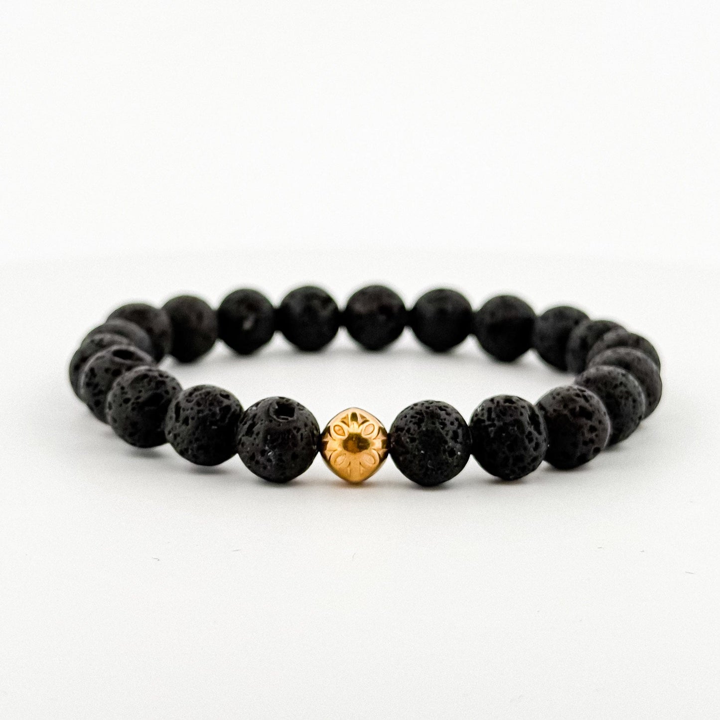 Lava Stone Bracelet Gold Bead engraved (8 mm)