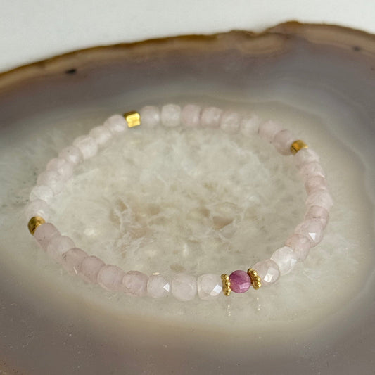 Rose quartz square stones bracelet with pink tourmaline and gold vermeil