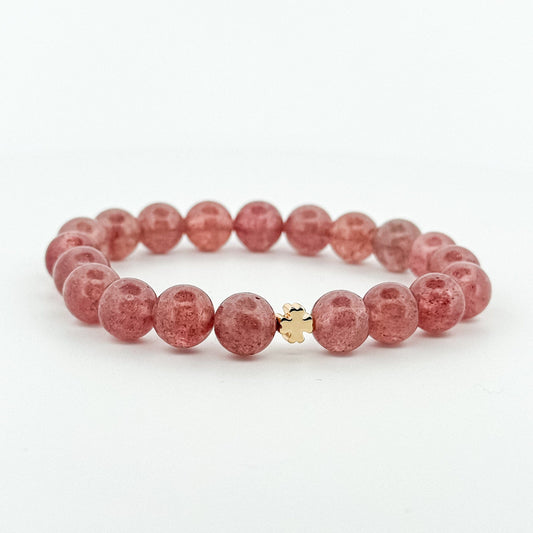 Strawberry Quartz Bracelet Gold Clover 8mm