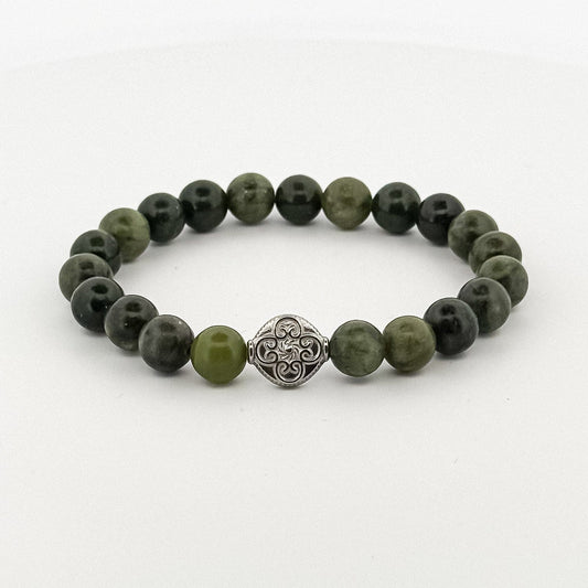 Taiwan Jade Bracelet Silver Coin engraved with Flower 8mm