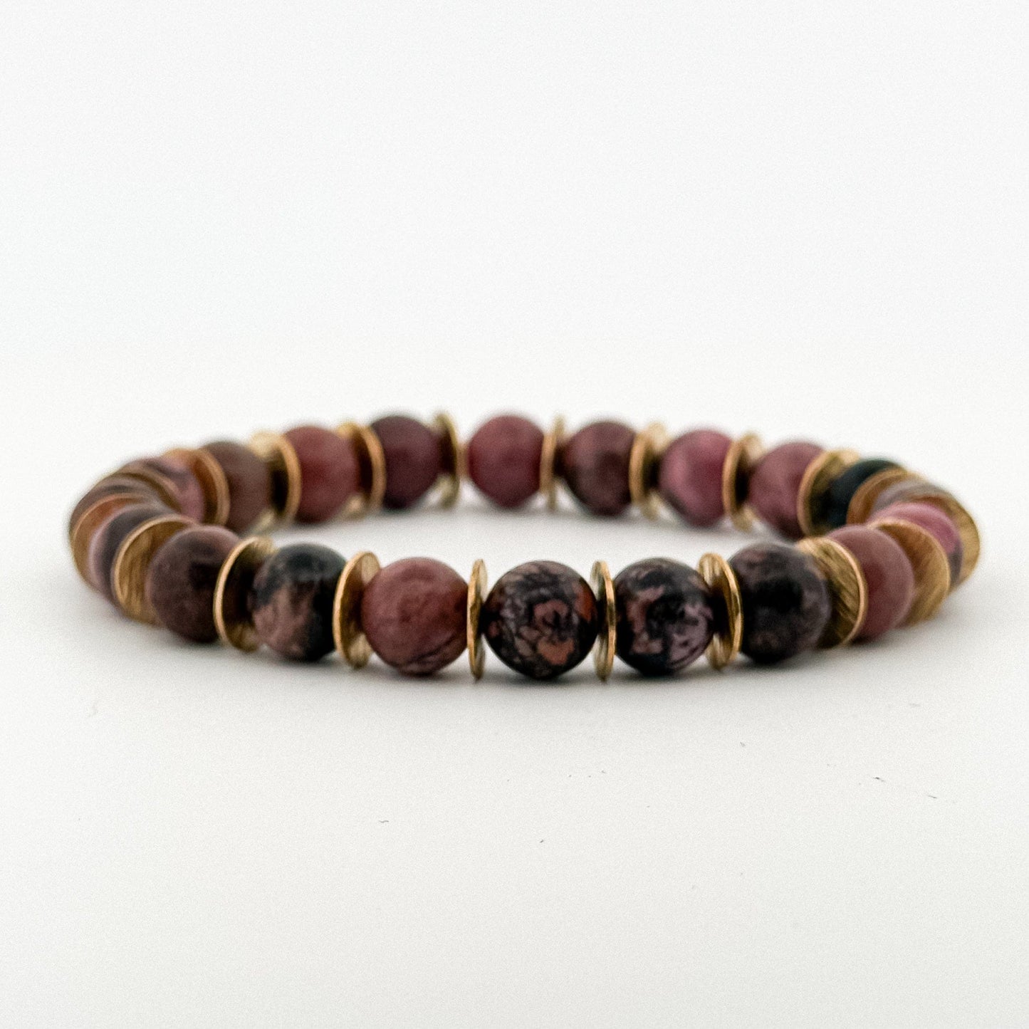 Dark Rhodonite Bracelet Gold 8mm Gold Brushed Disks