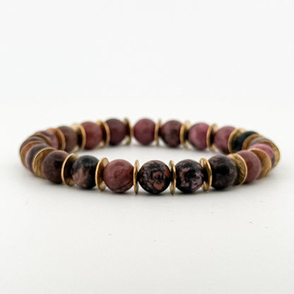 Dark Rhodonite Bracelet Gold 8mm Gold Brushed Disks