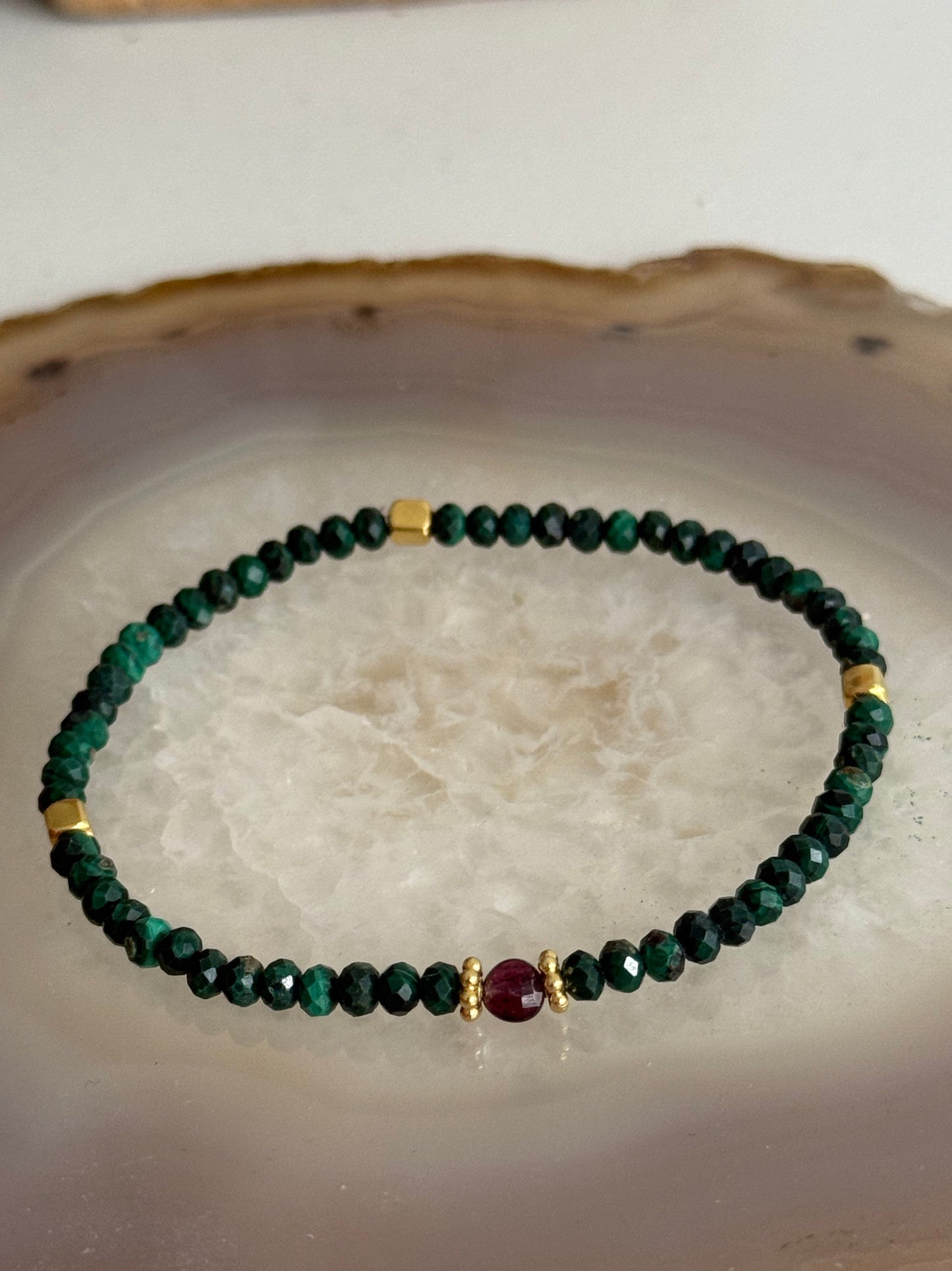 Malachite Bracelet and Garnet Stone (Gold Vermeil)