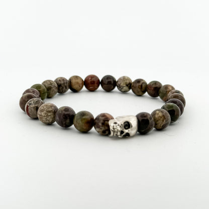 Rain Forest Agate Bracelet Silver Skull 8mm