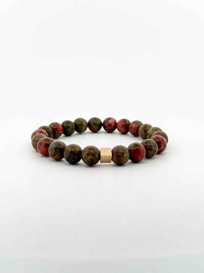 Unakite Bracelet Gold Square 8mm