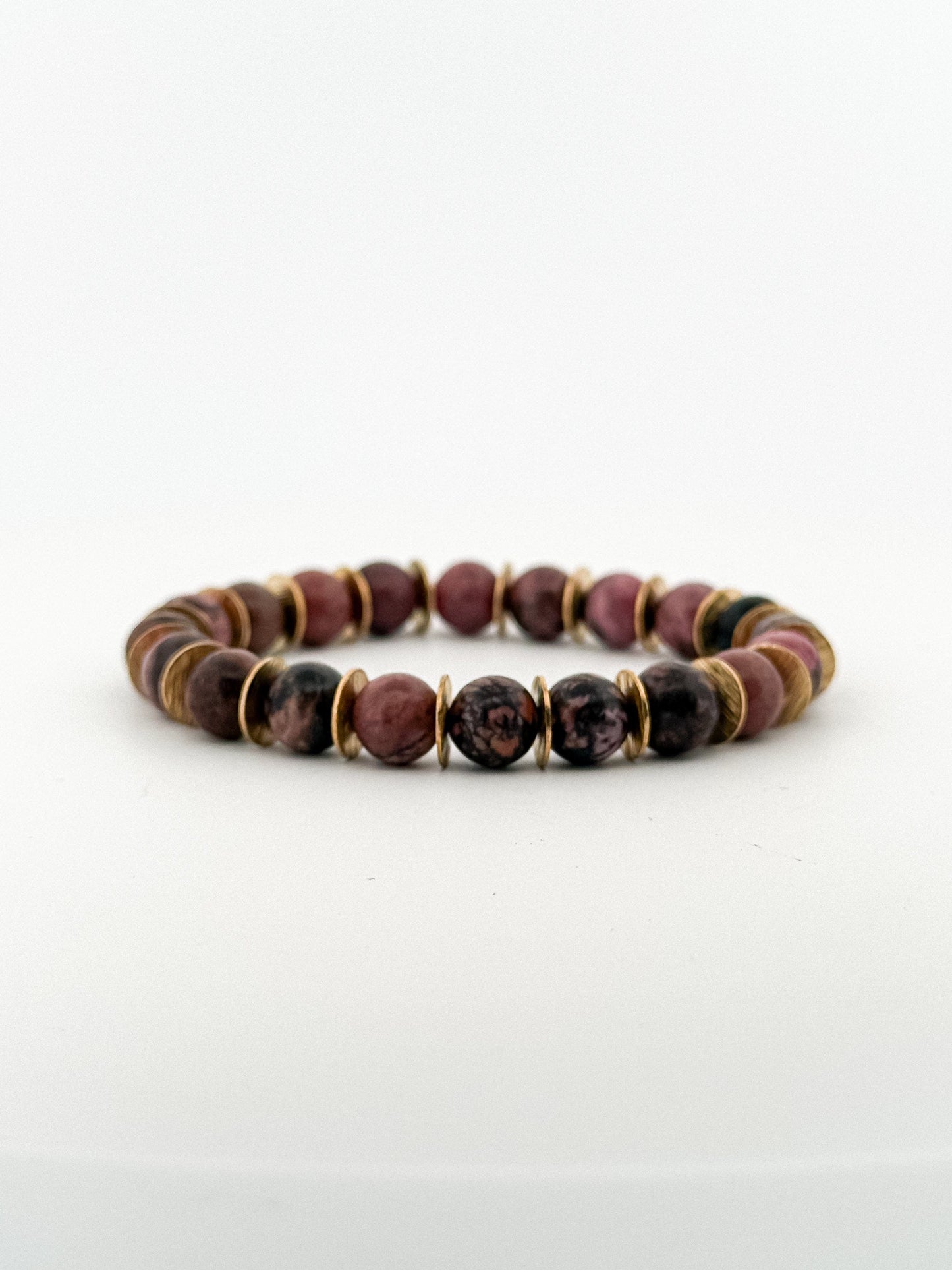 Dark Rhodonite Bracelet Gold 8mm Gold Brushed Disks