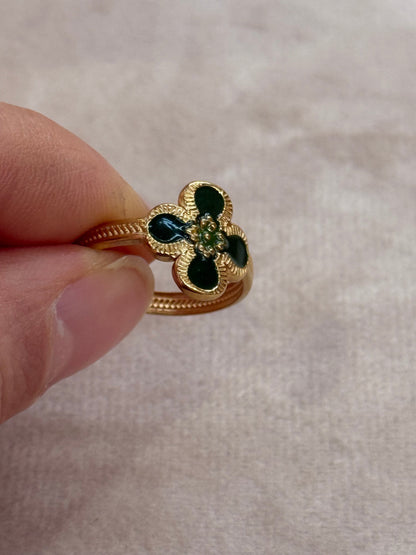 Green Clover Enamel Gold Ring