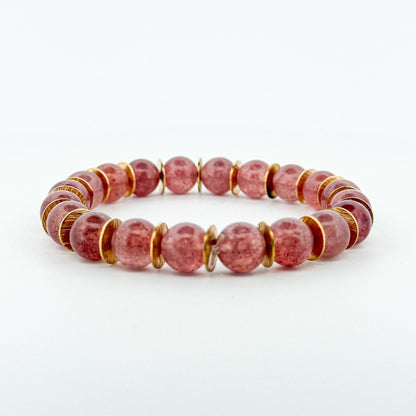 Strawberry Quartz Bracelet Gold Brushed Disk 8mm
