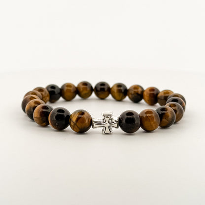 Tiger Eye Bracelet Silver Cross 8mm