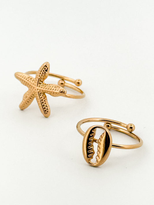 Caribe Set of Starfish and Shell Gold Ring