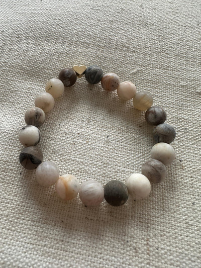 Bamboo Lace Agate Bracelet (Gold Heart)