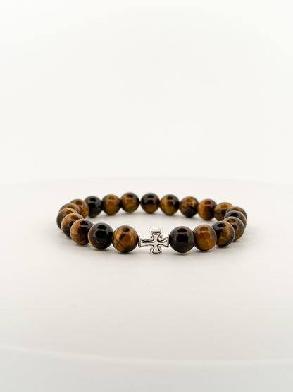 Tiger Eye Bracelet Silver Cross 8mm