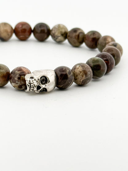 Rain Forest Agate Bracelet Silver Skull 8mm