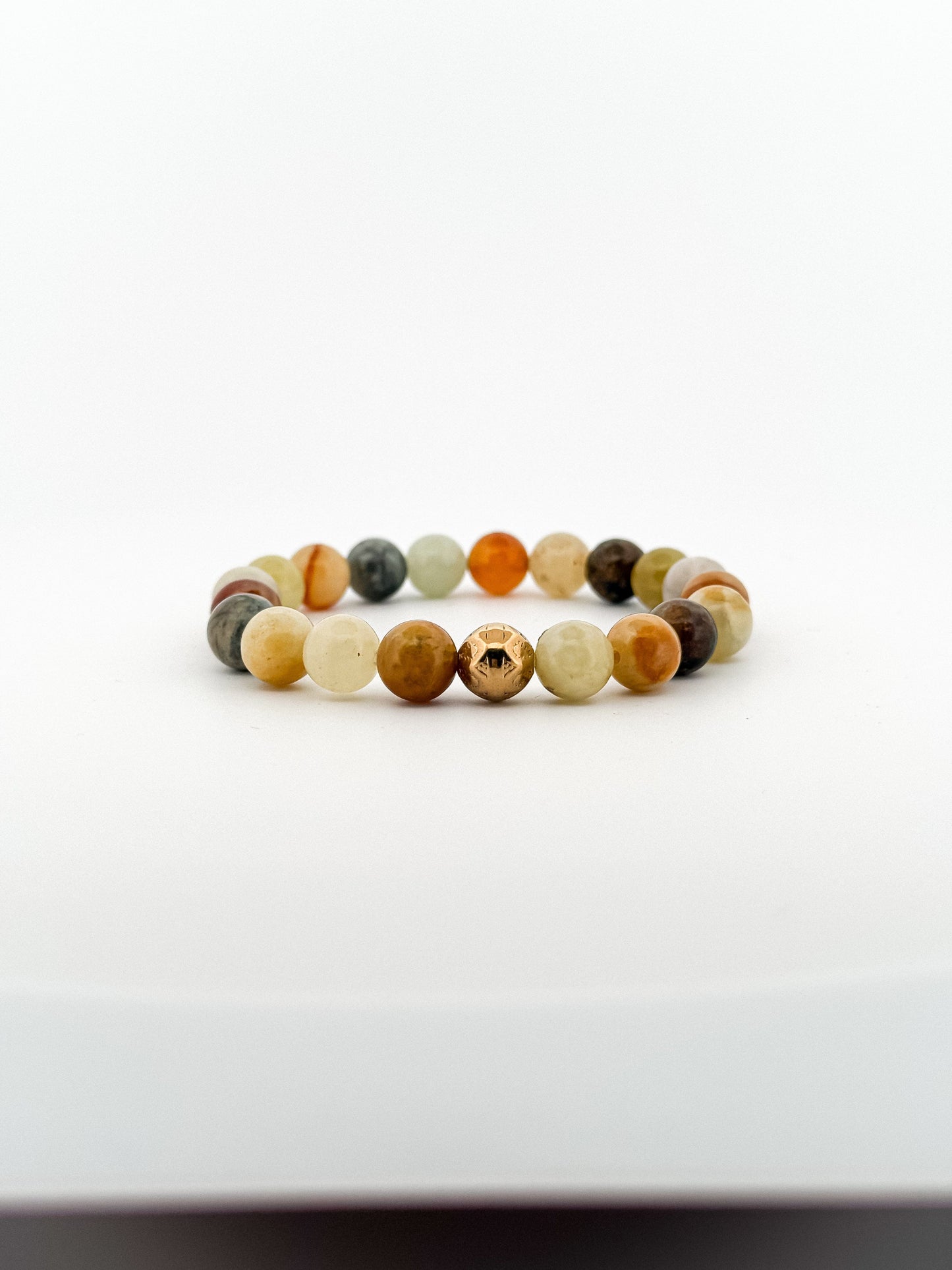 Jade Colourful Gold Bead Engraved Bracelet 8mm