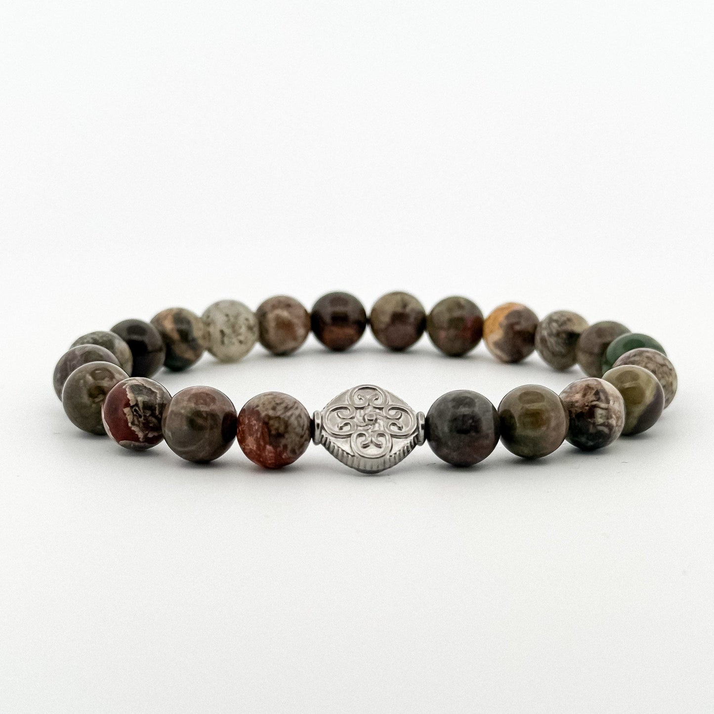 Rain Forest Agate Bracelet Silver Coin engraved with Flower 8mm