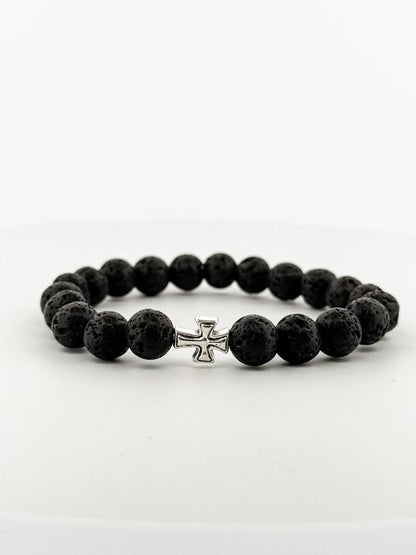 Lava Stone Bracelet Silver Cross (8 mm)