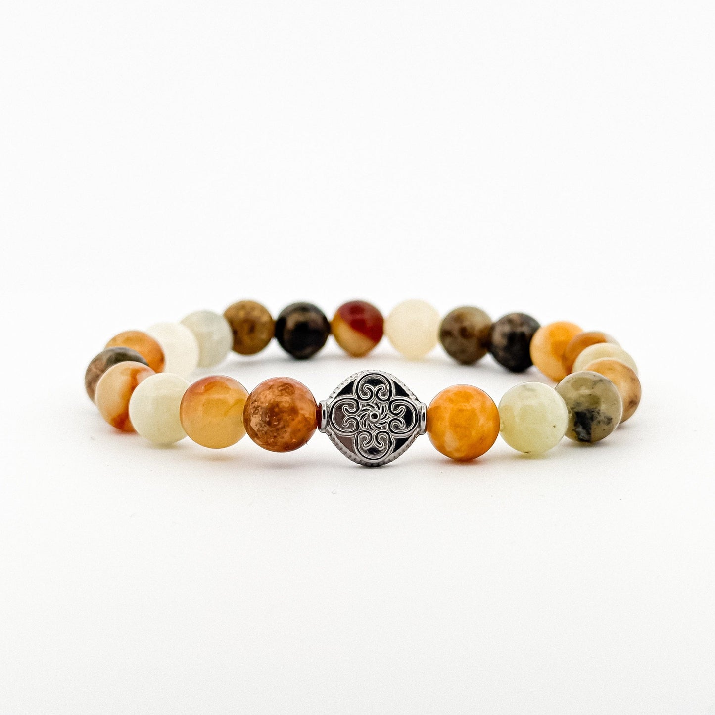 Jade Colourful Silver Coin Engraved Flower Bracelet 8mm