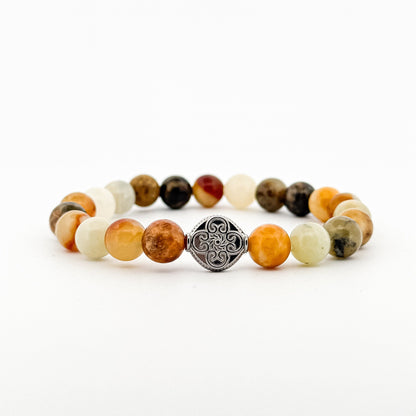 Jade Colourful Silver Coin Engraved Flower Bracelet 8mm