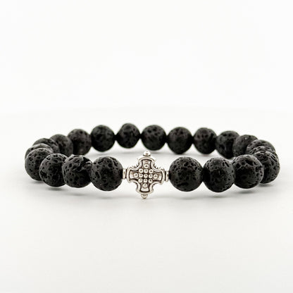 Lava Stone Bracelet Silver Square Cross (8 mm)