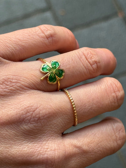 Green Clover Enamel Gold Ring (4 Leaves)