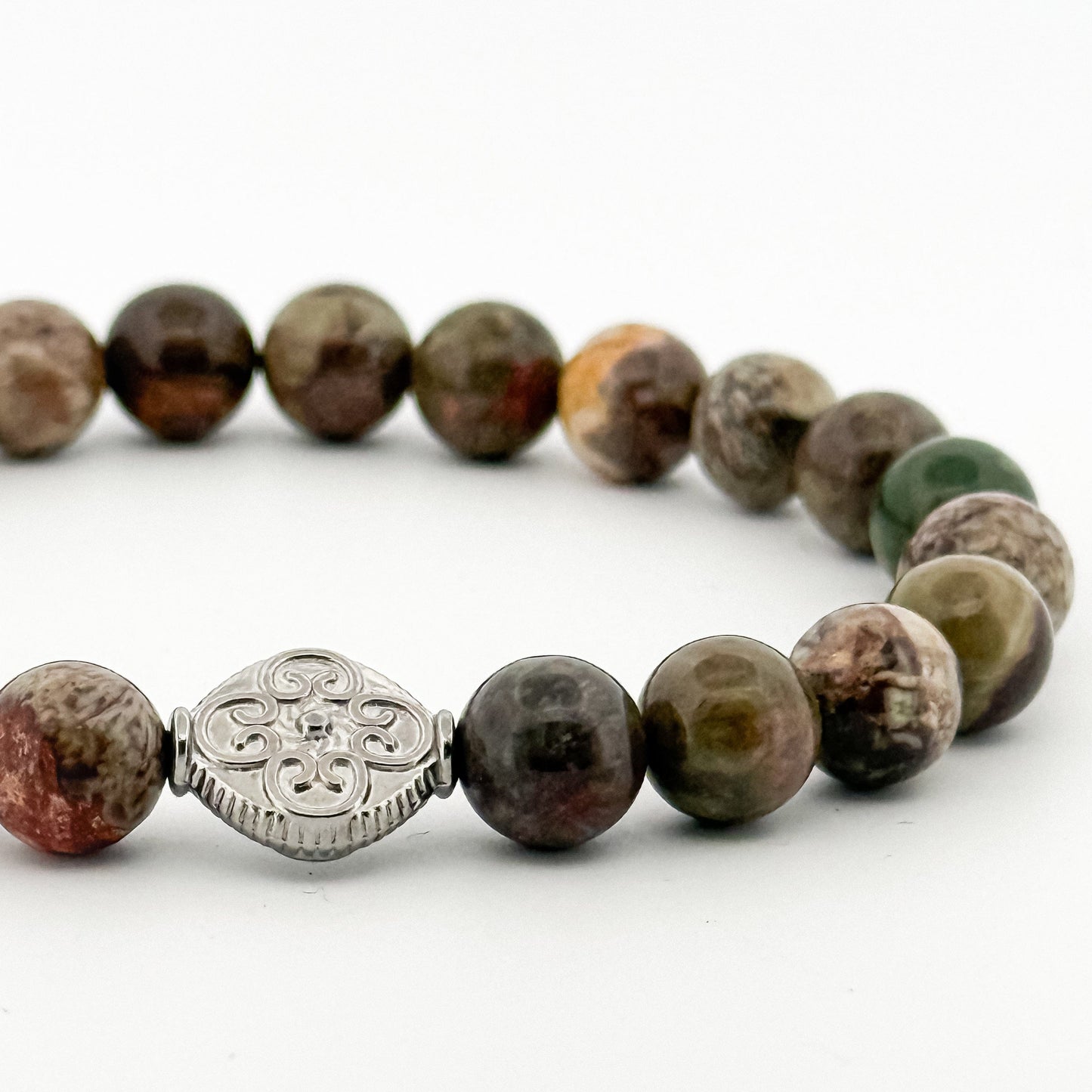Rain Forest Agate Bracelet Silver Coin engraved with Flower 8mm