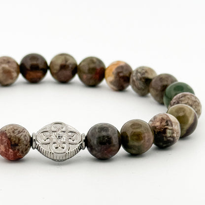 Rain Forest Agate Bracelet Silver Coin engraved with Flower 8mm