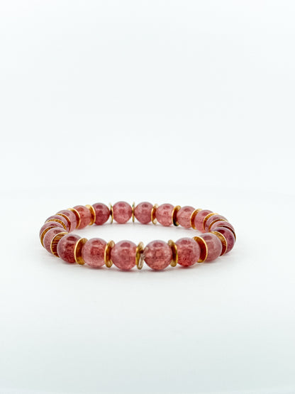 Strawberry Quartz Bracelet Gold Brushed Disk 8mm