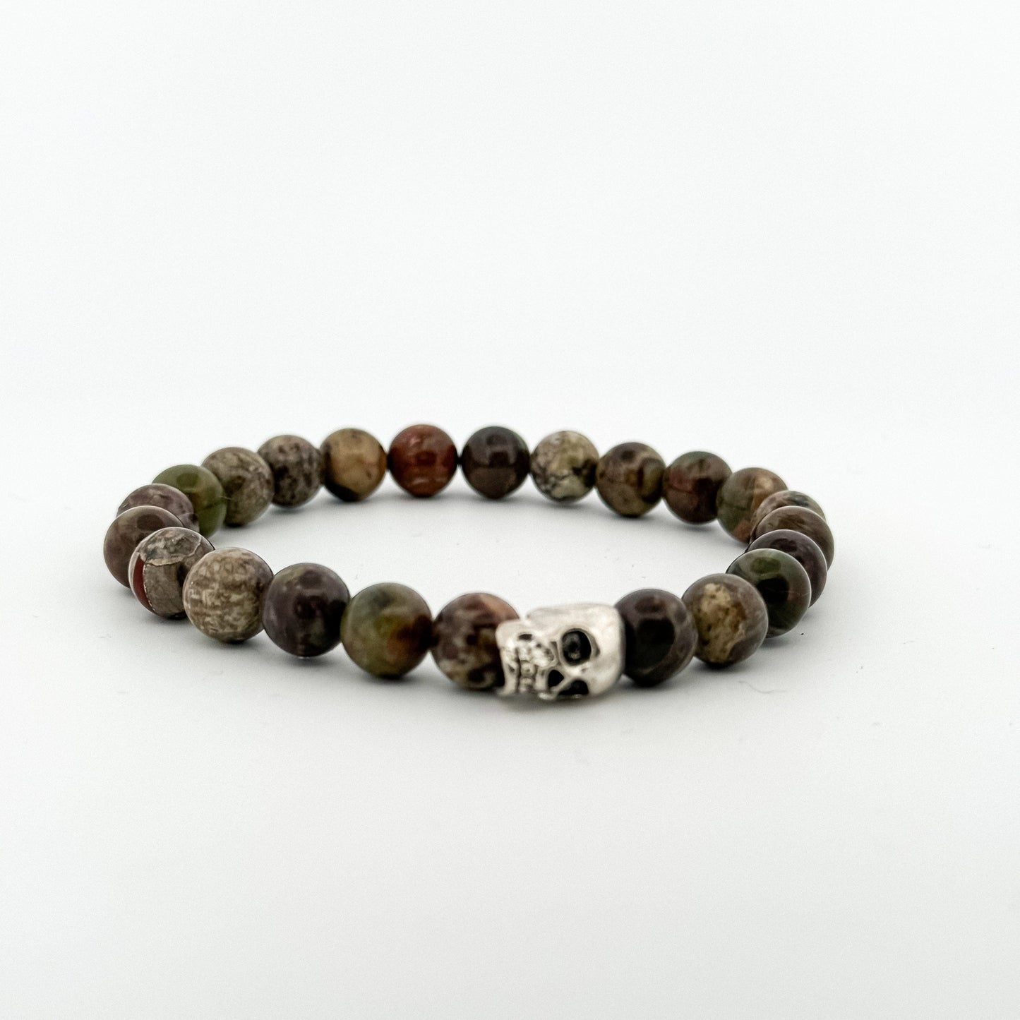 Rain Forest Agate Bracelet Silver Skull 8mm