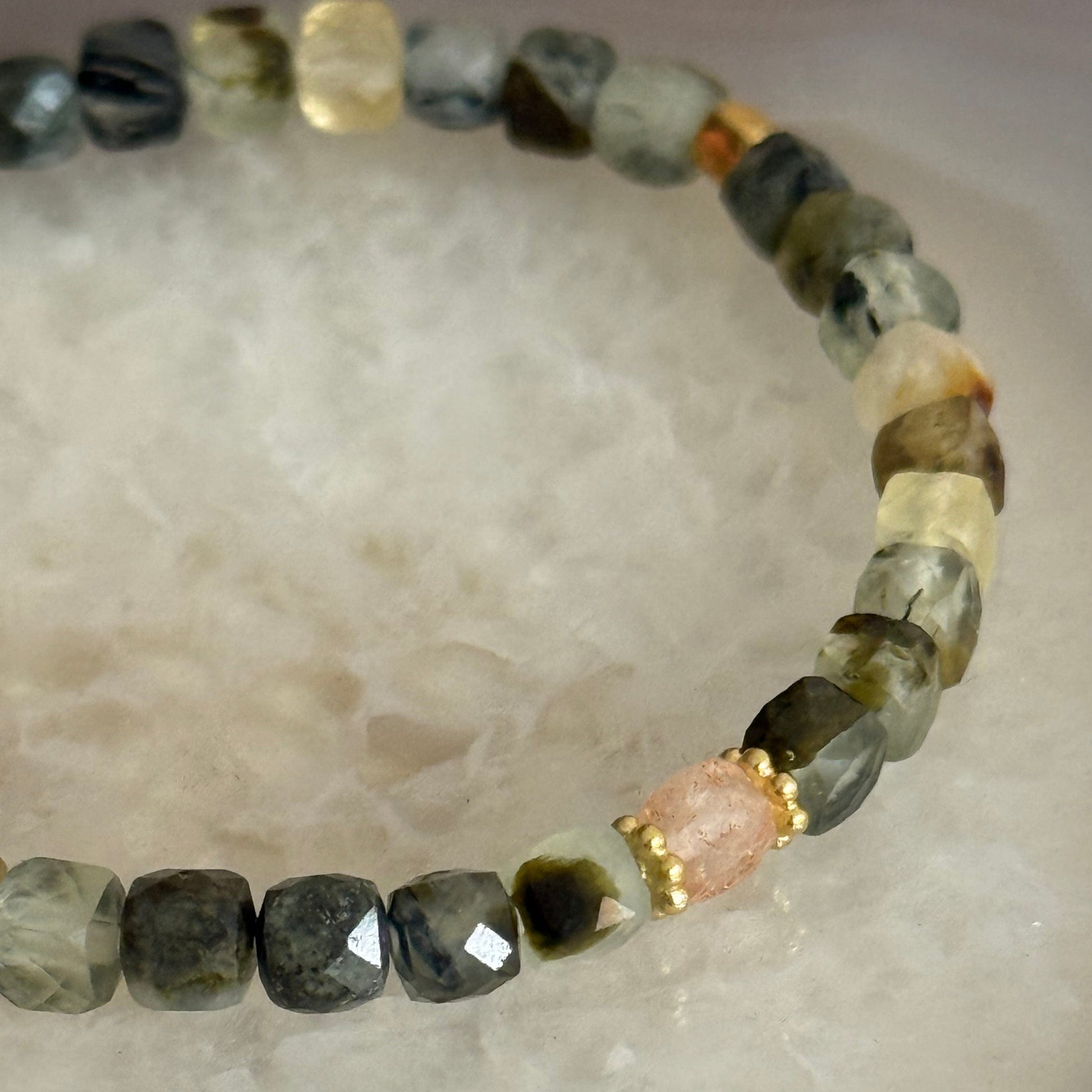 Beaded bracelet with green stones Prehnite and Peach Sunstone, and Gold Vermeil beads